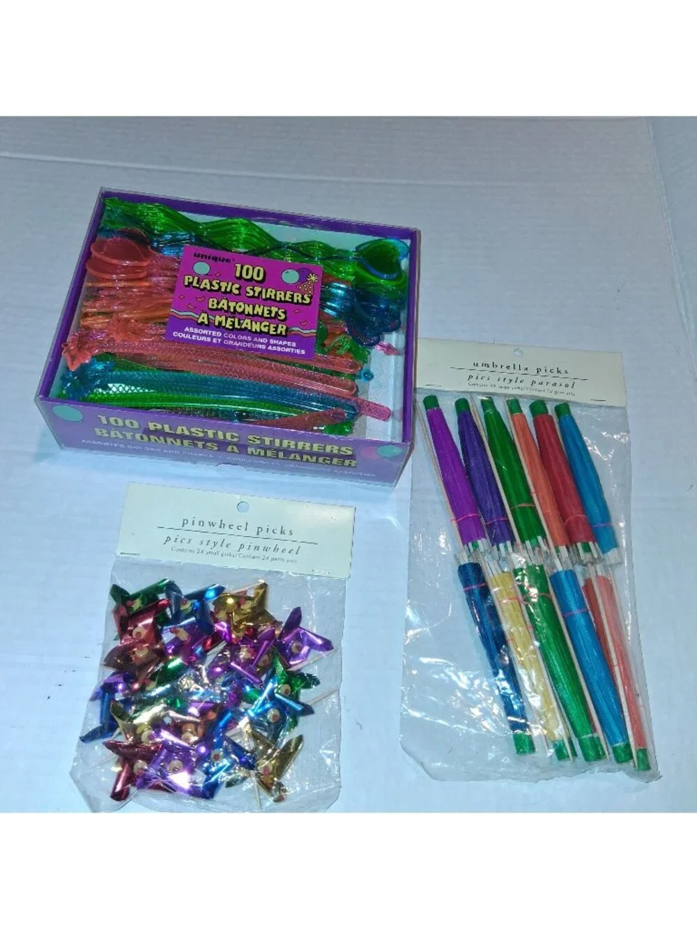100 Plastic Stirrers & Party Picks Set Assorted Colors & Shapes Includes Umbrell